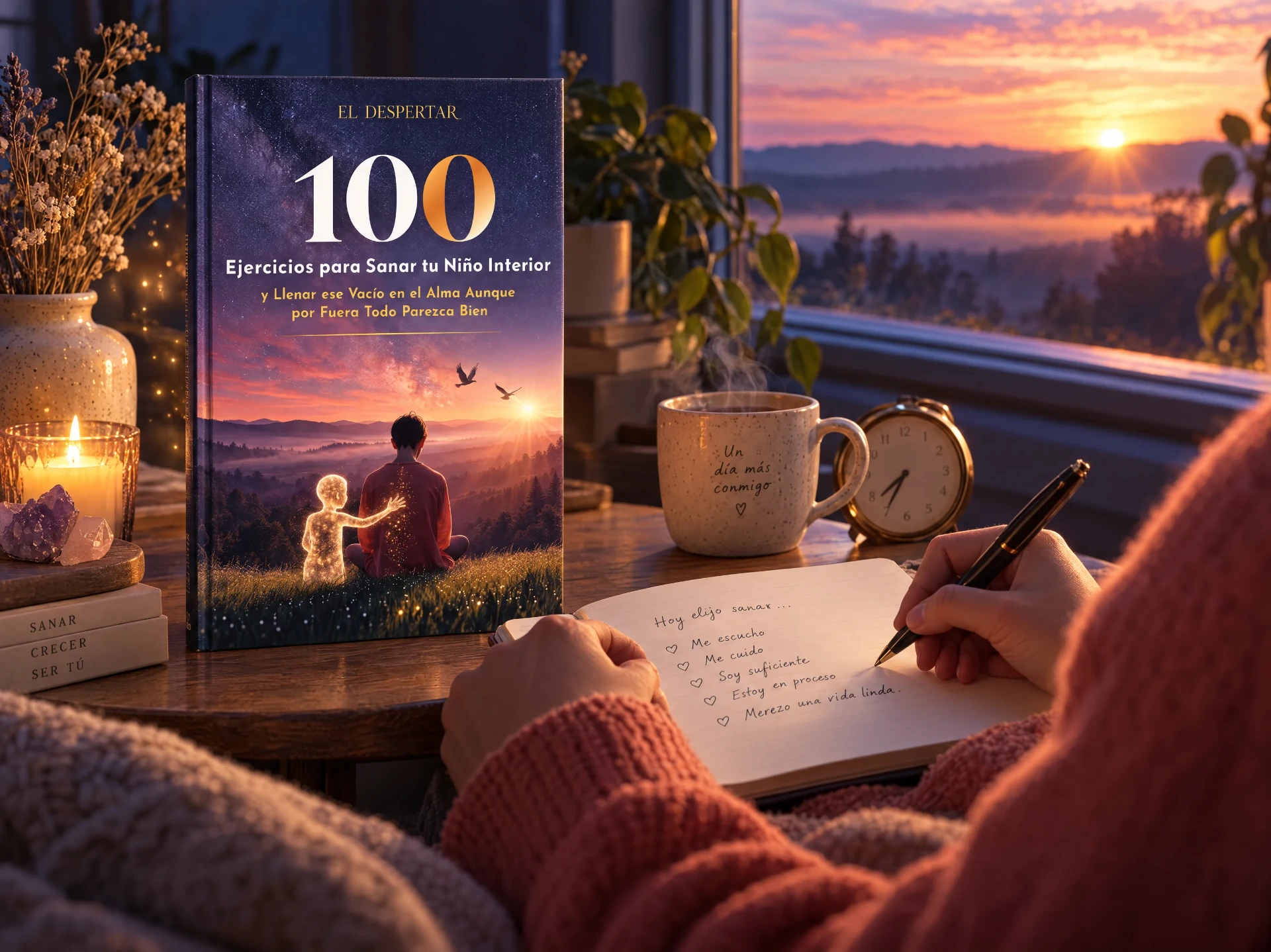 El ebook de 100 Ejercicios junto a la ventana al atardecer, con un cuaderno y una taza de té
